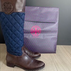 Tory Burch Brown and Blue Quilted Boots